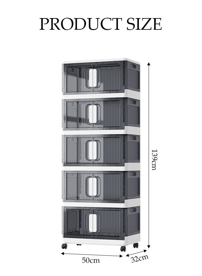 Spides 5 Tiers Foldable Storage Cabinet Multifunctional Double Door Stackable Plastic Storage Bins Cabinet with Wheels Large Capacity Thickened Multi-layer Storage Cabinet for Home, Office，Bedroom， Living Room， Study - Image 4